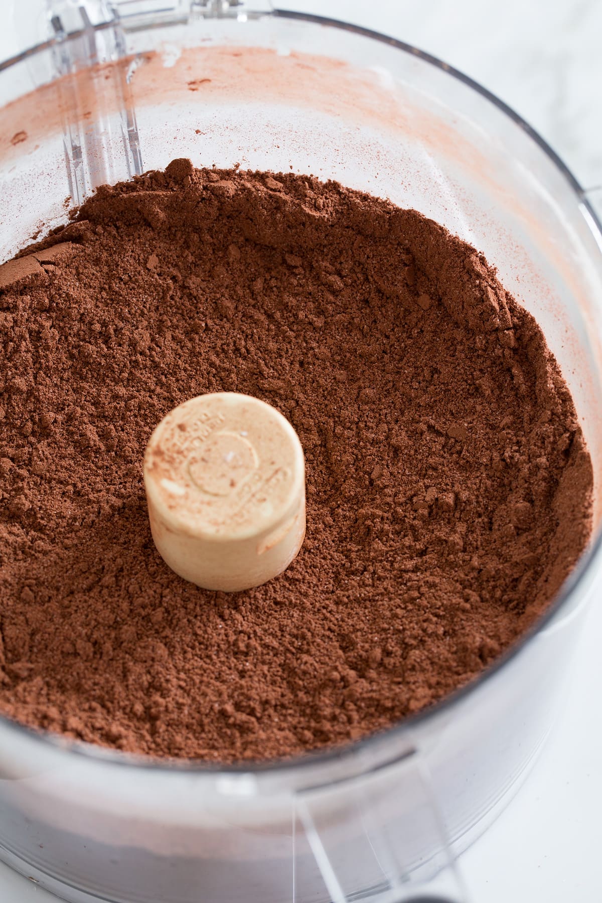 Hot Chocolate Mix Homemade hot chocolate mix in food processor after blending.