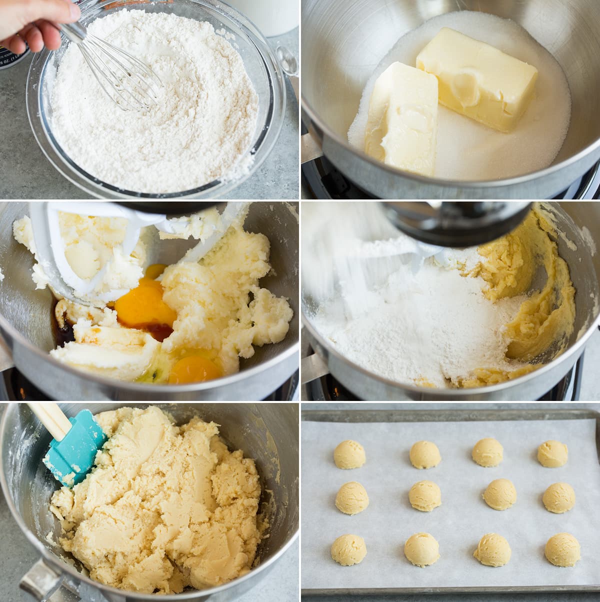 Sugar Cookies Collage of six photos showing steps of making sugar cookie dough and shaping.