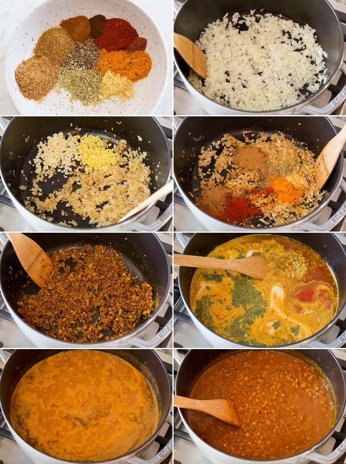 Lentil Curry Collage of eight photos showing steps of making lentil curry on the stovetop in a pot.