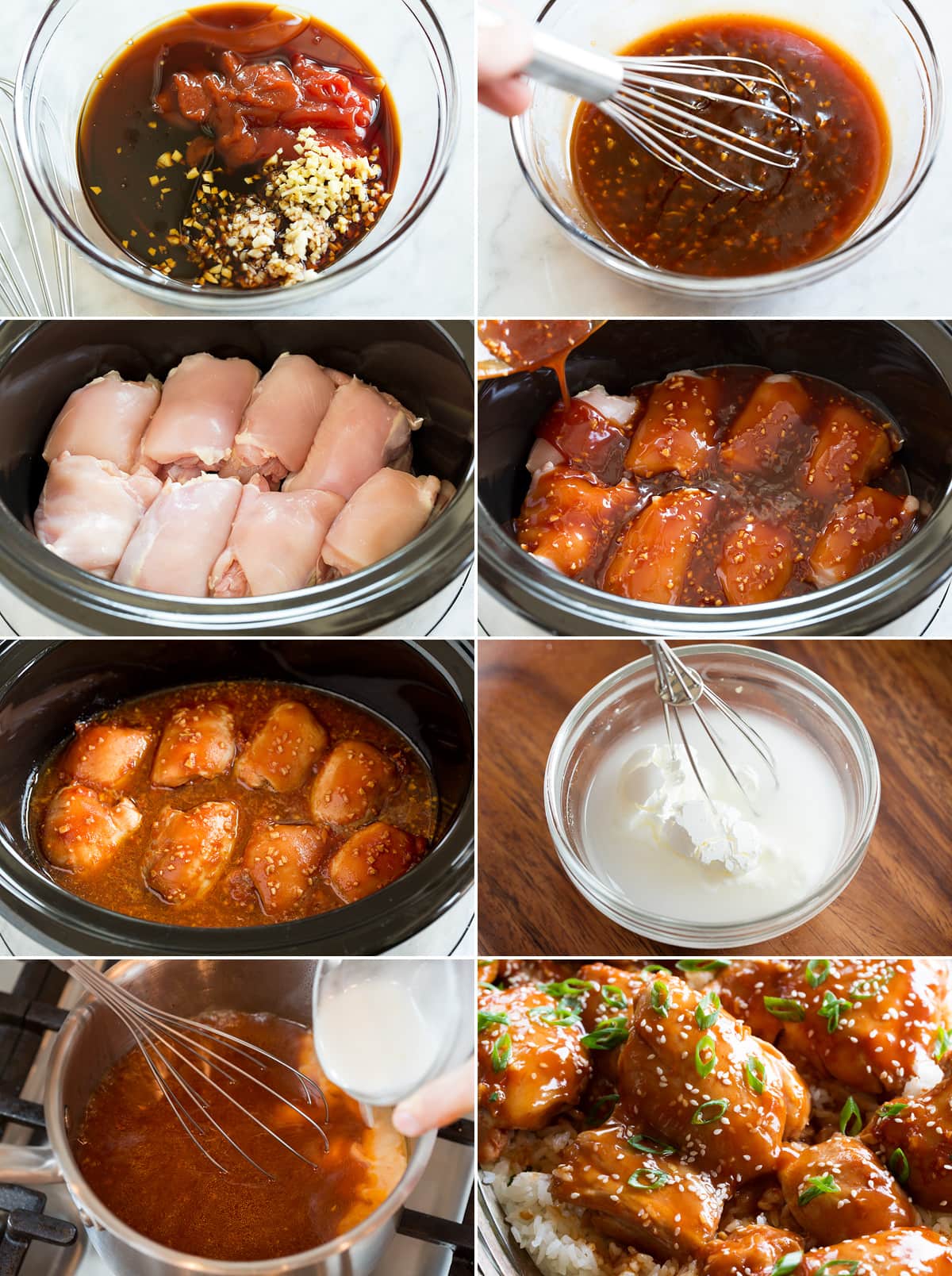 Slow Cooker Chicken Thighs Eight images showing how to make slow cooker chicken thighs in sauce.