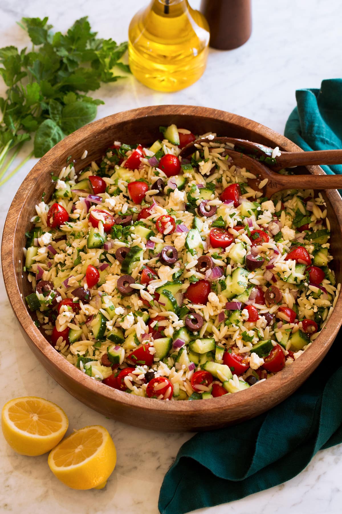 Orzo Pasta Salad Orzo salad shown from the side.