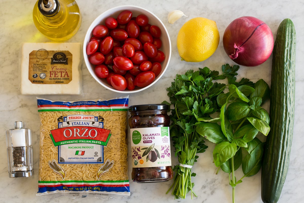 Orzo Pasta Salad Greek orzo salad dressing and salad ingredients.