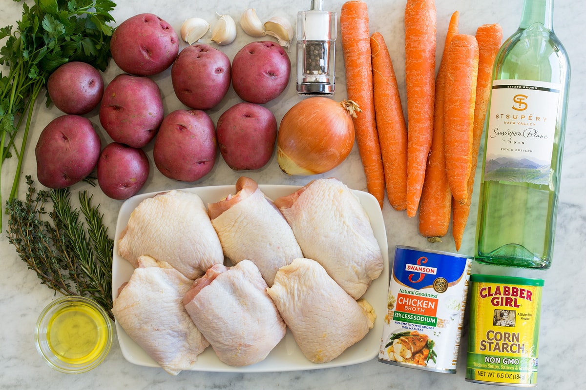 Braised Chicken Thighs and Vegetables Ingredients used to make braised chicken and vegetables.