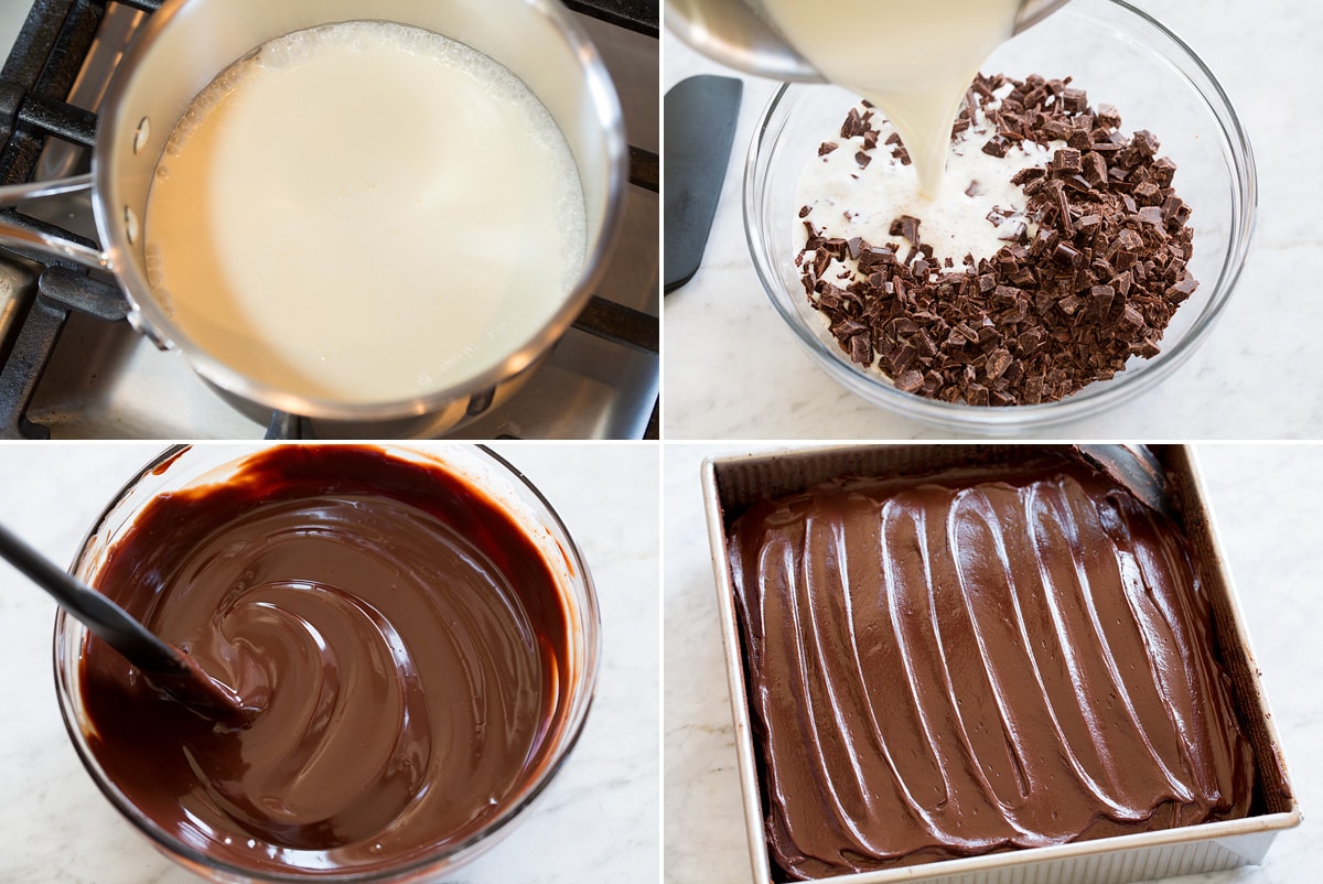 Easy Chocolate Cake Four photos showing how to make chocolate ganache for cake.