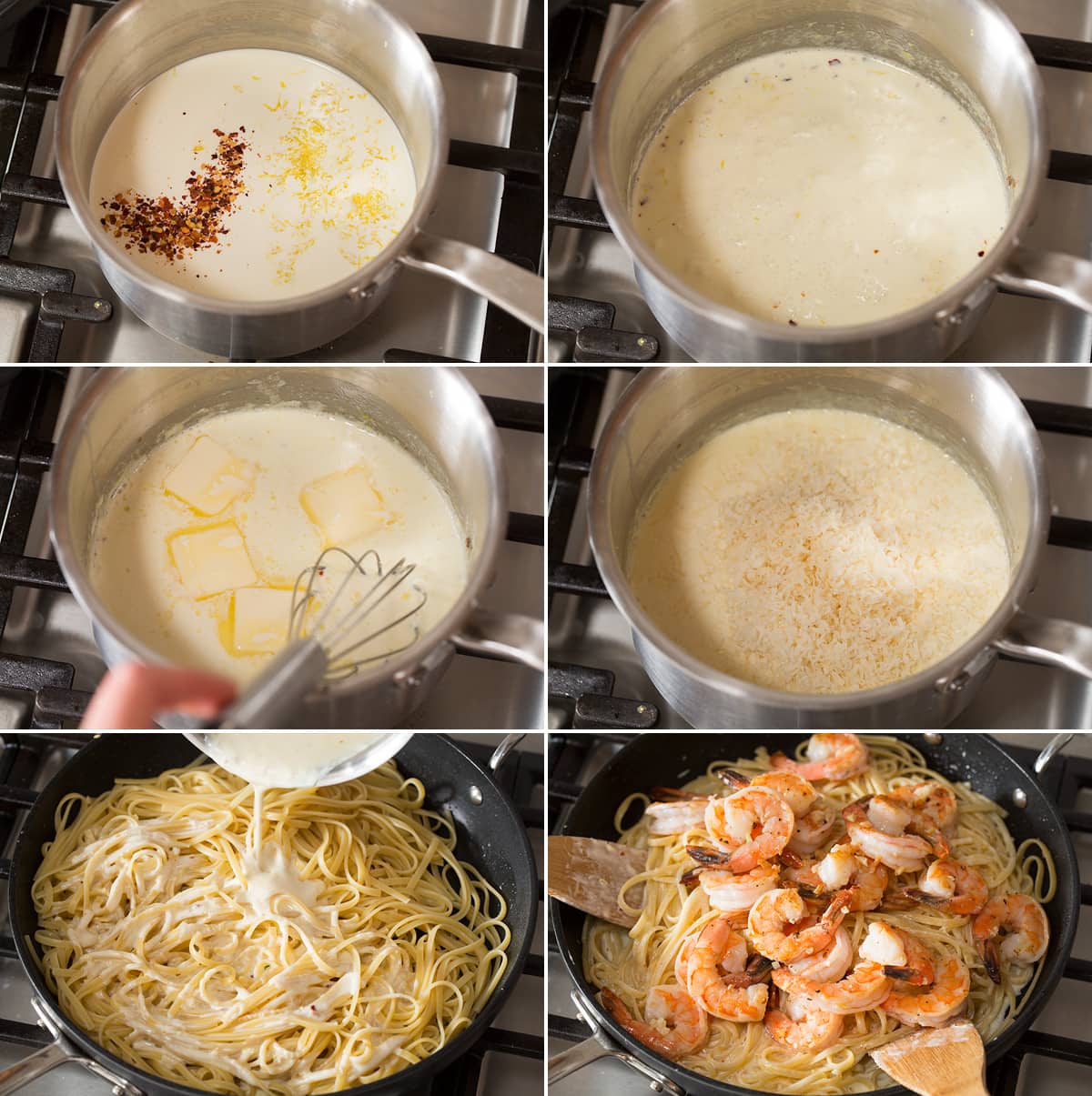 Creamy Lemon Shrimp Pasta Collage of six photos showing how to make sauce for pasta and toss with pasta and shrimp.
