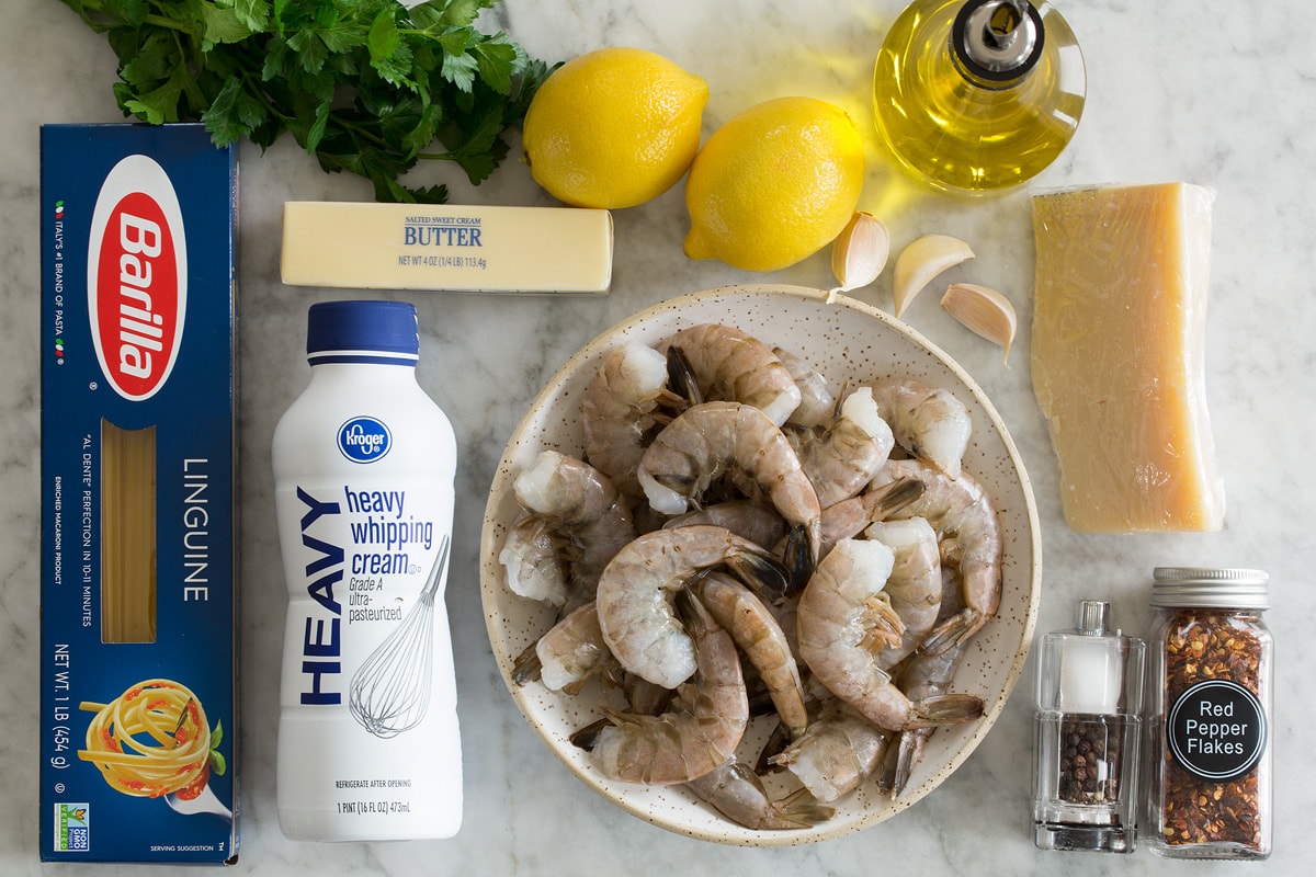 Creamy Lemon Shrimp Pasta Ingredients needed to make lemon shrimp pasta.