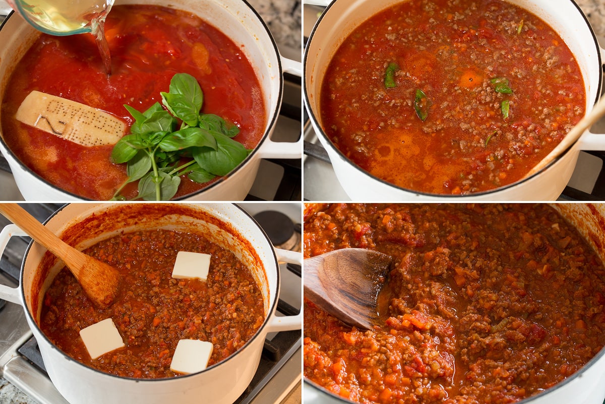 Bolognese Sauce Four photos showing how to finish the bolognese sauce recipe.