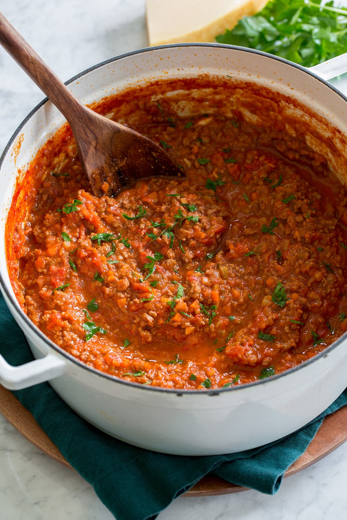 Bolognese Sauce Large pot filled with homemade bolognese sauce.