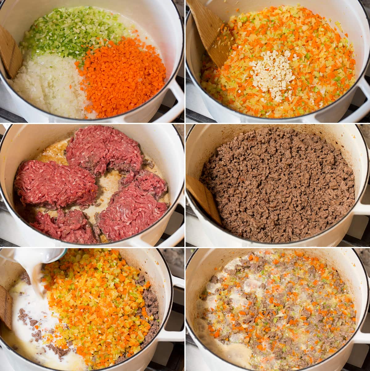 Bolognese Sauce Collage of six photos showing steps of making bolognese sauce.