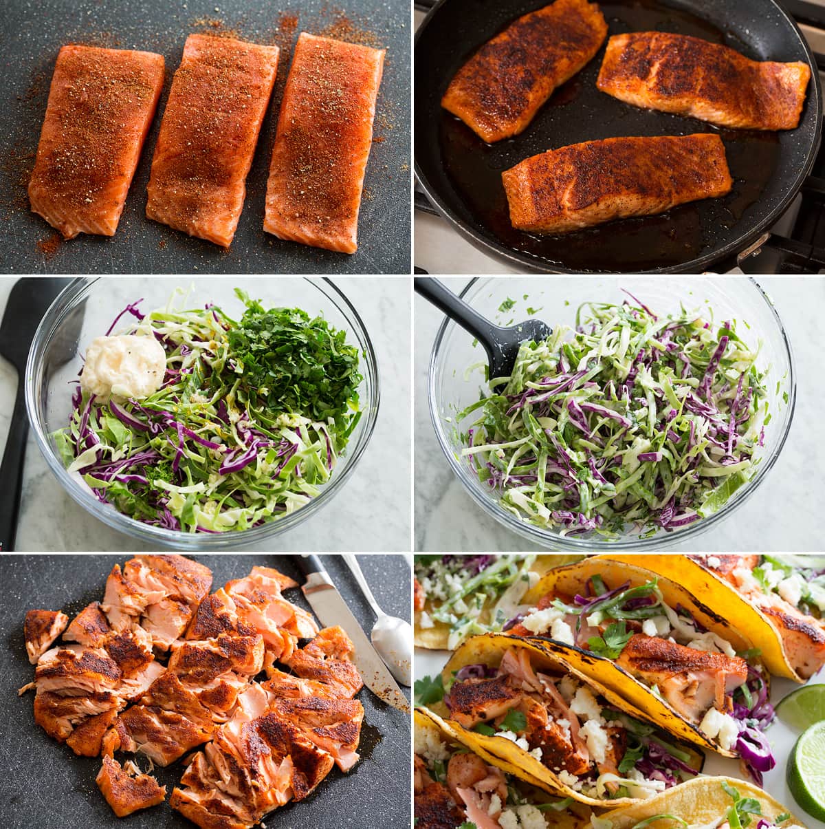 Salmon Tacos Collage of six photos showing process of making salmon tacos.