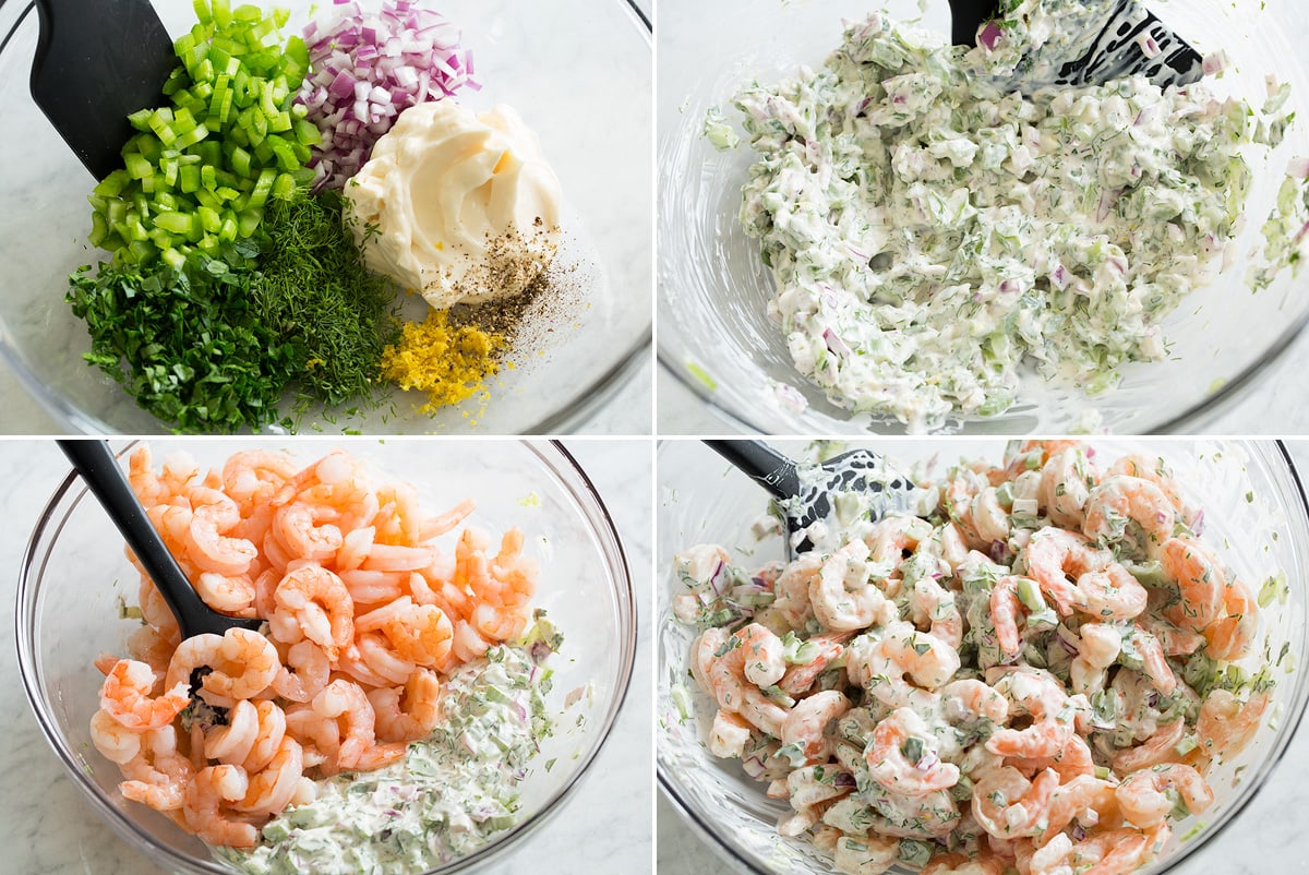 Shrimp Salad Four photos showing how to make shrimp salad in a mixing bowl.