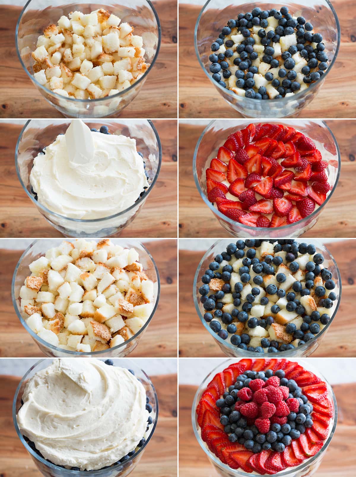 Trifle Collage of eight photos showing how to make the eight layers of a trifle.