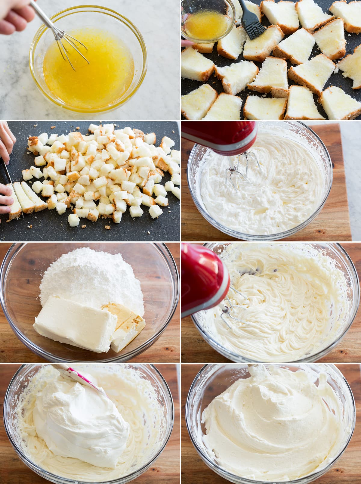 Trifle Collage of eight images showing how to prepare the cake portion and whipped topping portion of a trifle.