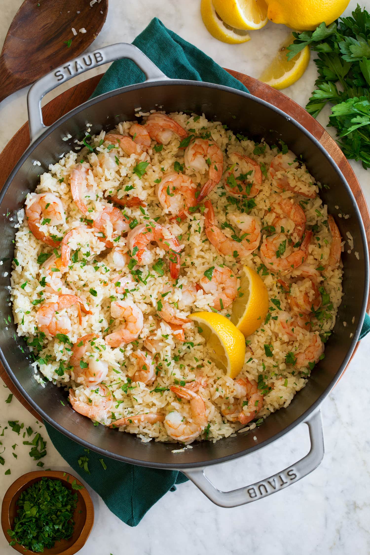 One Pot Shrimp and Rice Overhead pot of shrimp and rice.