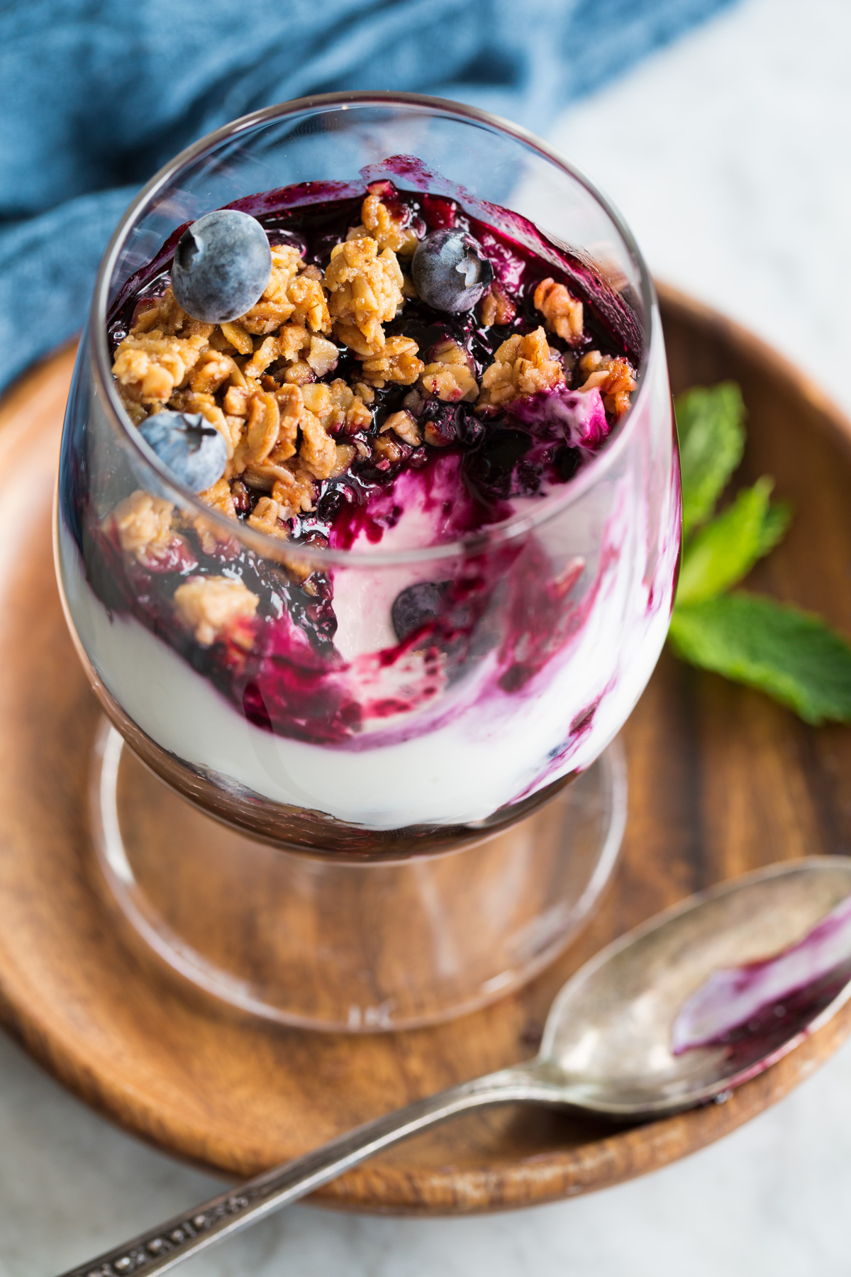 Yogurt Parfaits Yogurt parfait scooped into showing layers.