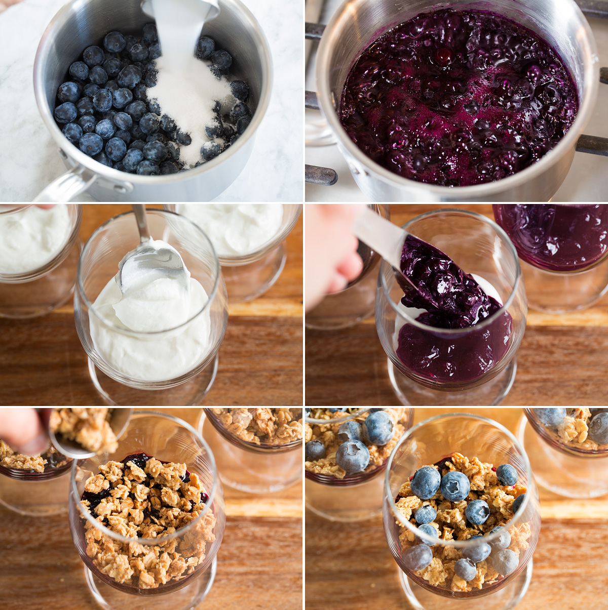 Yogurt Parfaits Collage of six photos showing steps of preparing fruit compote and layering a yogurt parfait with yogurt, fruit compote and granola.