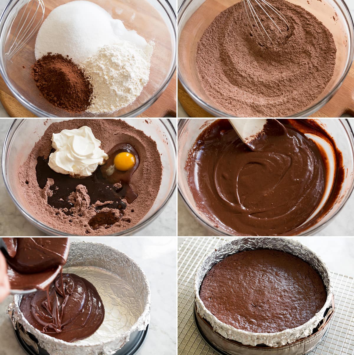 Ice Cream Cake Collage of six images showing how to make cake batter for ice cream cake.