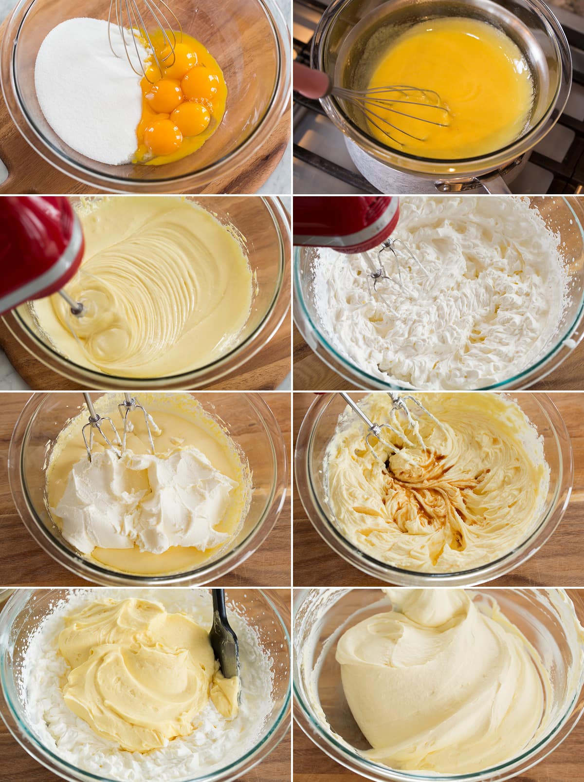 Tiramisu Photo of eight images showing how to make tiramisu custard mixture with mascarpone.