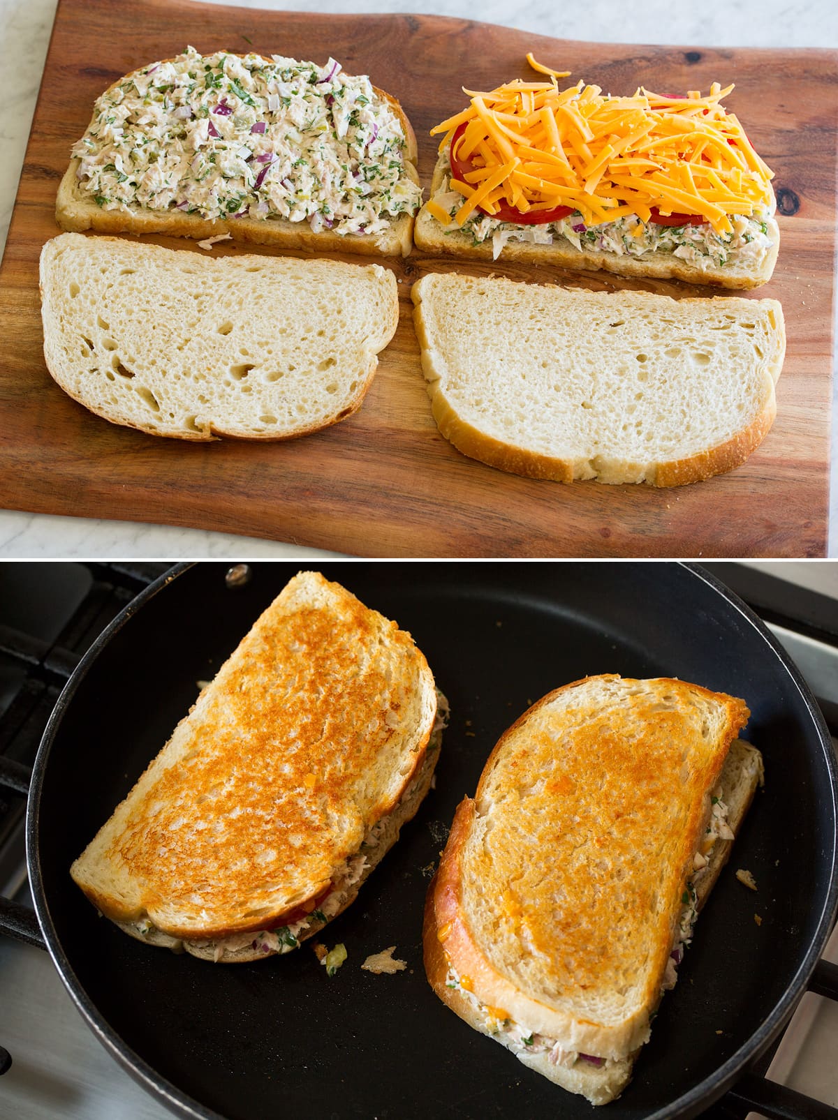Tuna Melts Assembling tuna melt sandwiches and pan frying.