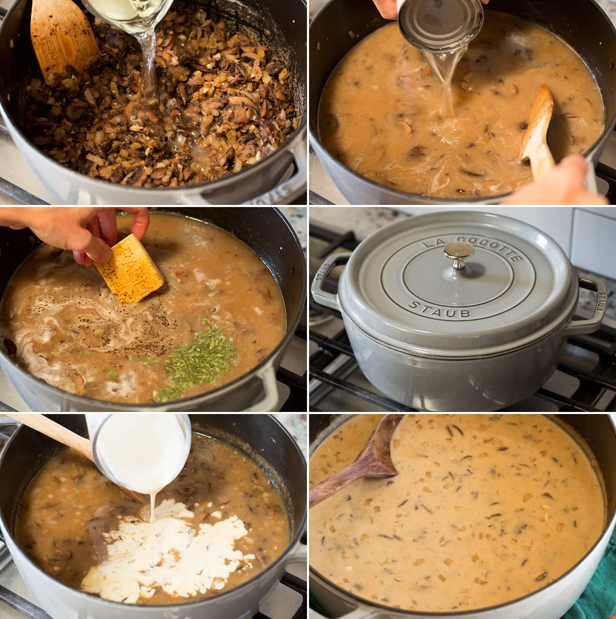 Cream of Mushroom Soup Six continued images showing how to finish making cream of mushroom soup.