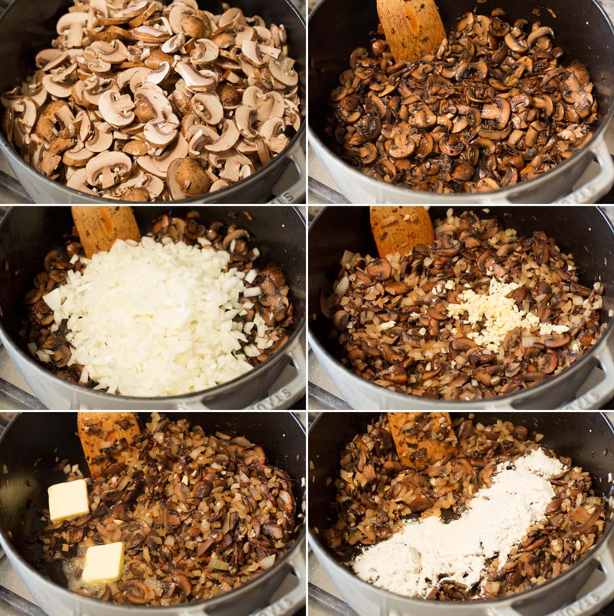 Cream of Mushroom Soup Collage of six photos showing steps to making cream of mushroom soup.