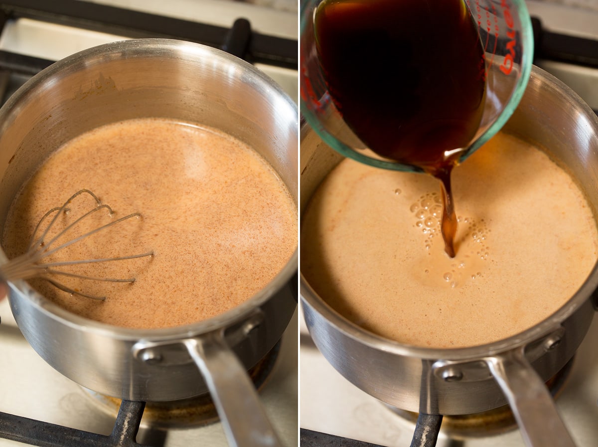 Pumpkin Spice Latte Pumpkin spice latte simmering over stovetop and espresso being added.