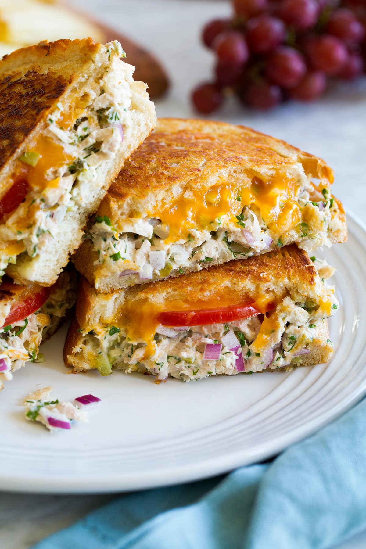 Tuna Melt Close up photo of tuna melt sandwich with cheddar, tuna salad, tomatoes, and bread.