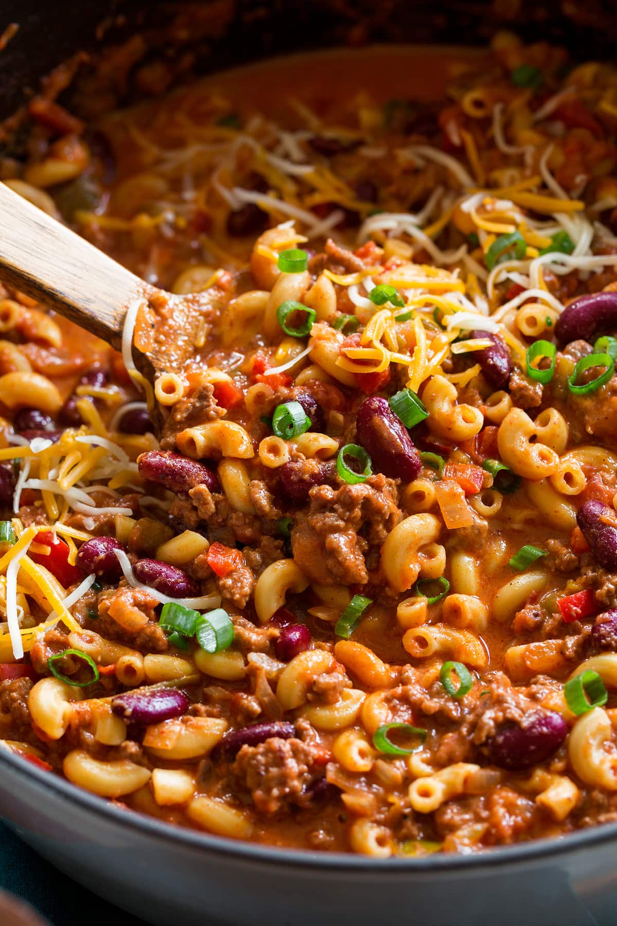 Chili Mac Close up photo of chili mac in a pot.