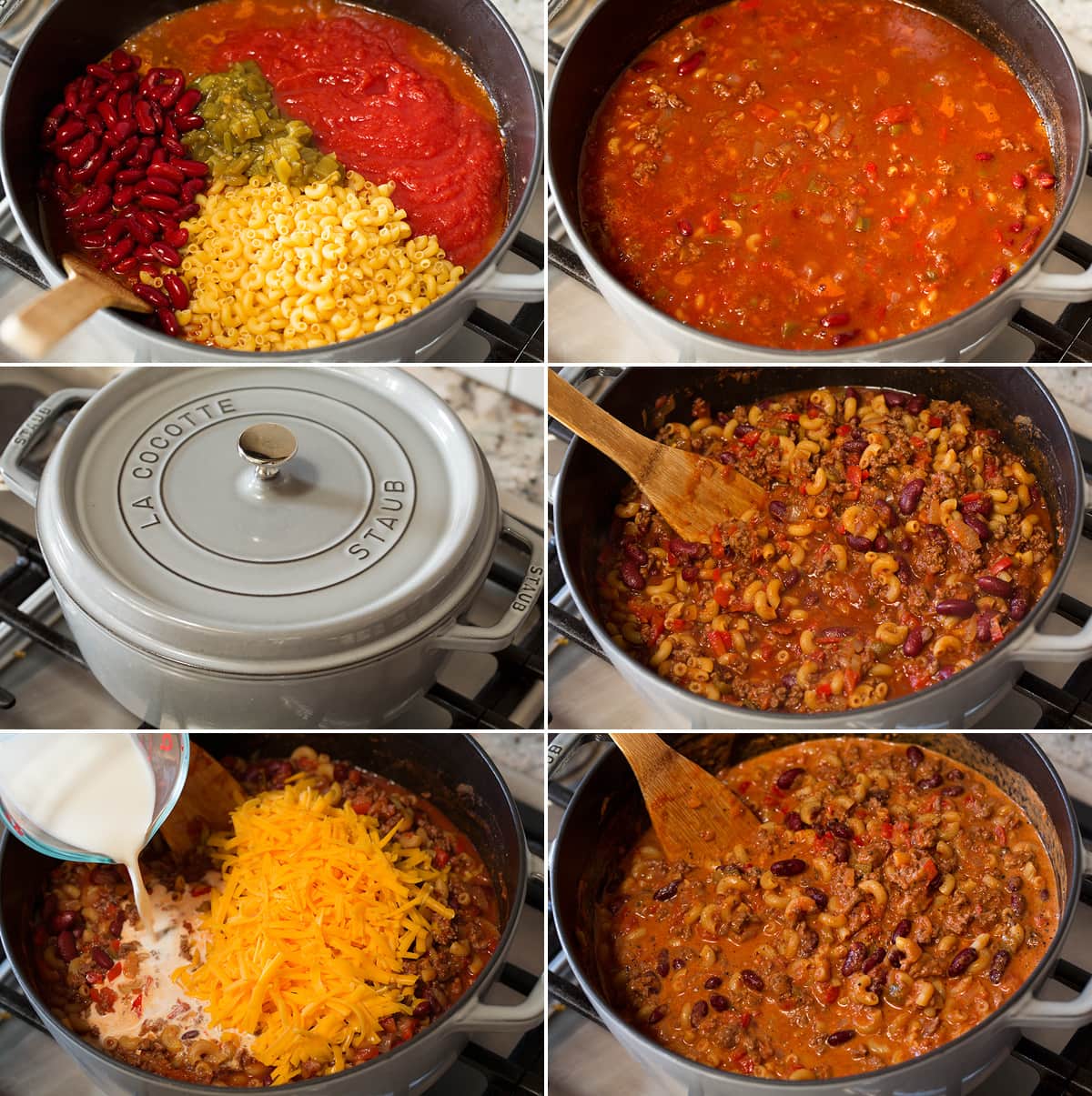 Chili Mac Continued steps showing how to simmer chili mac ingredients in pot.