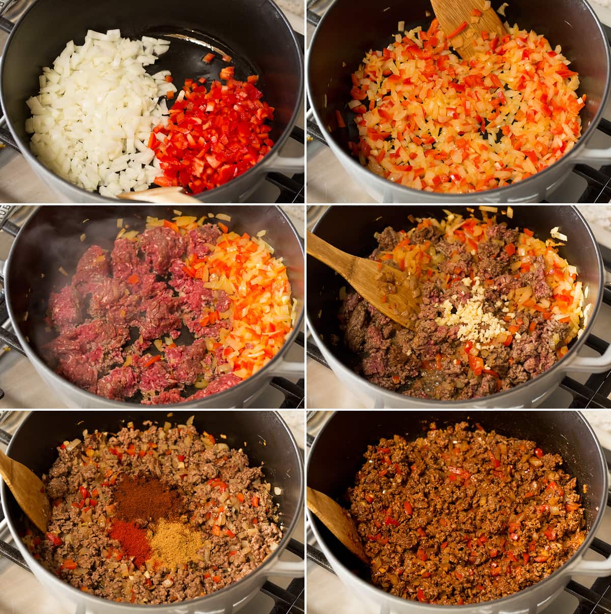 Chili Mac Sauteeing vegetables and browning beef in pot for chili mac.
