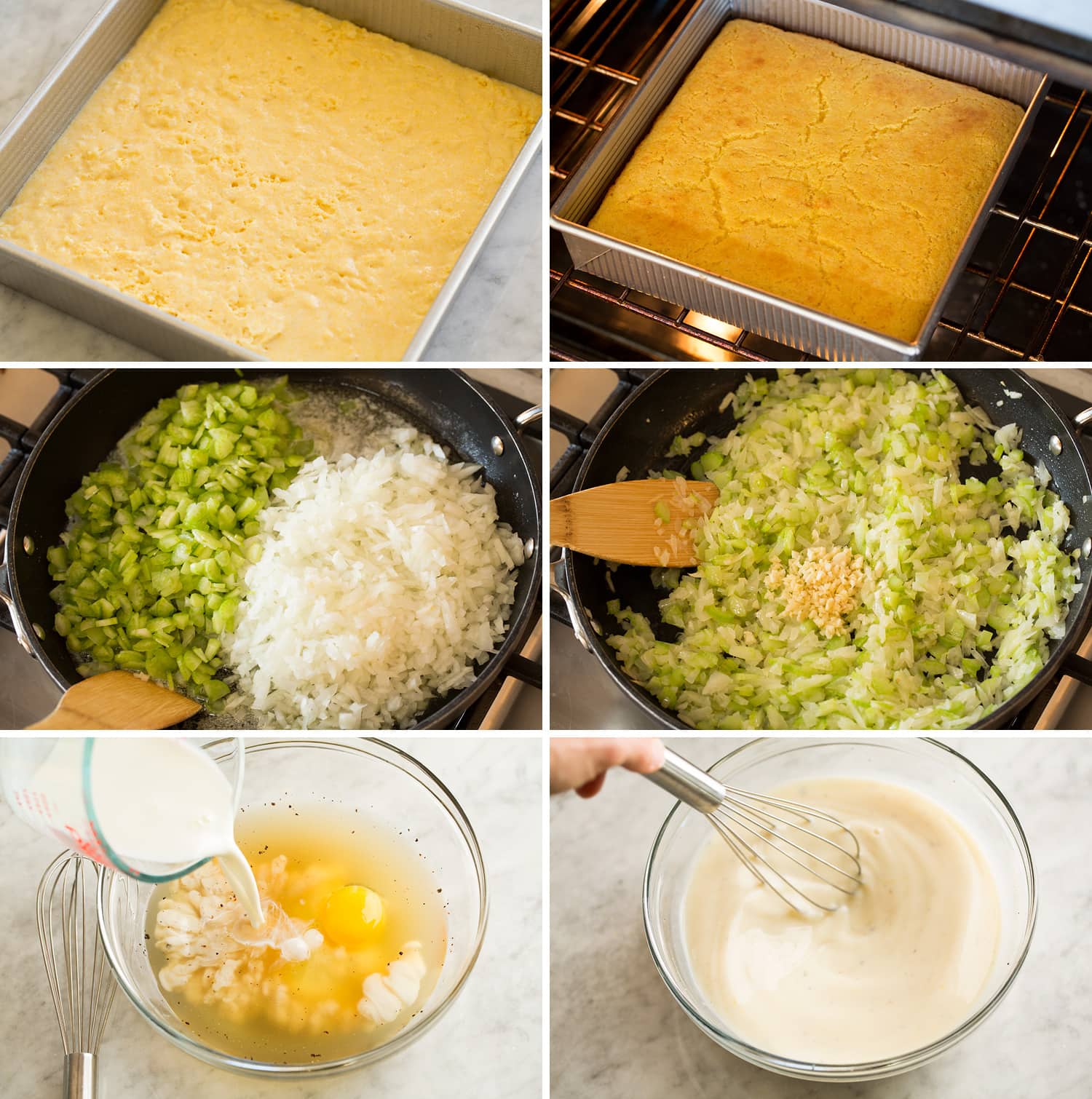 Cornbread Stuffing Six photos showing how to make veggie and liquid mixtures for cornbread stuffing.