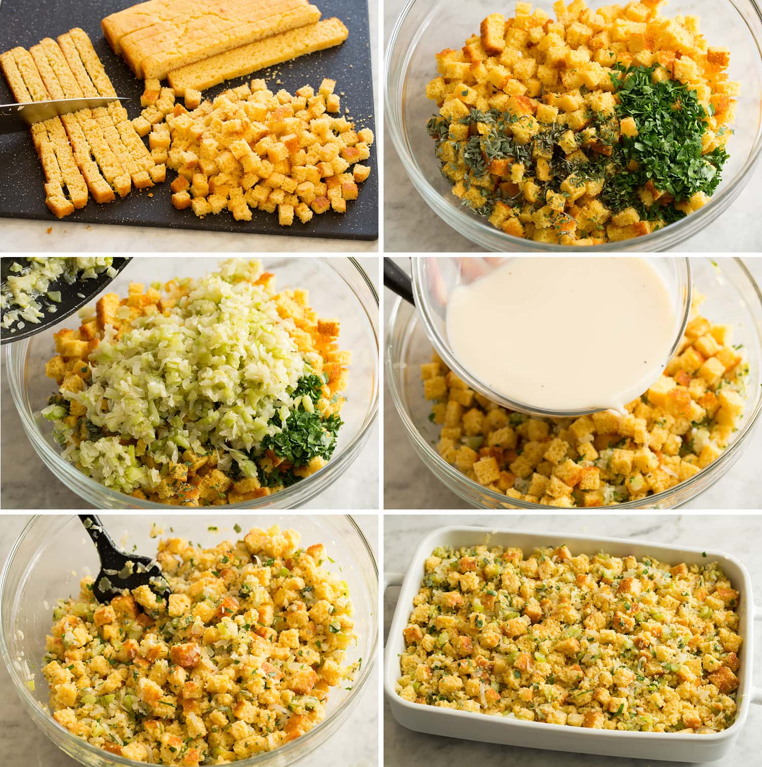 Cornbread Stuffing Six photos showing prep and assembly of cornbread stuffing.