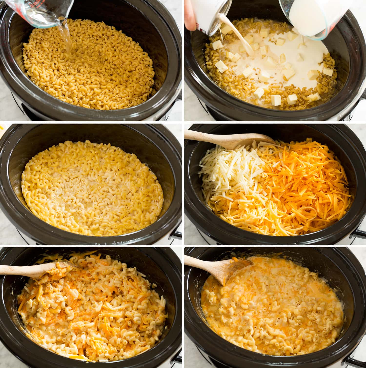 Crockpot Mac and Cheese Six photos showing how to make crockpot mac and cheese in a slow cooker.