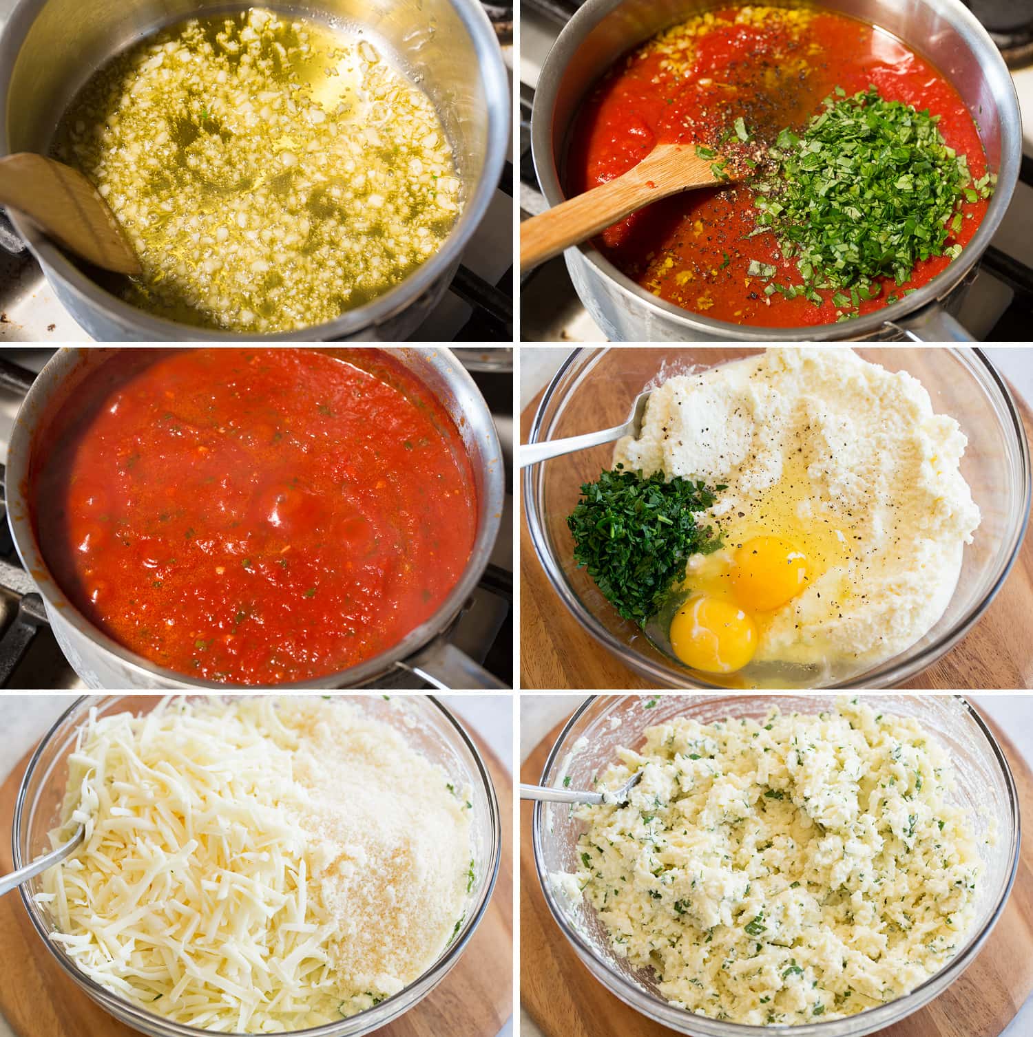 Manicotti Group of photos showing steps of making marinara in sauce pan and ricotta cheese filling for manicotti.