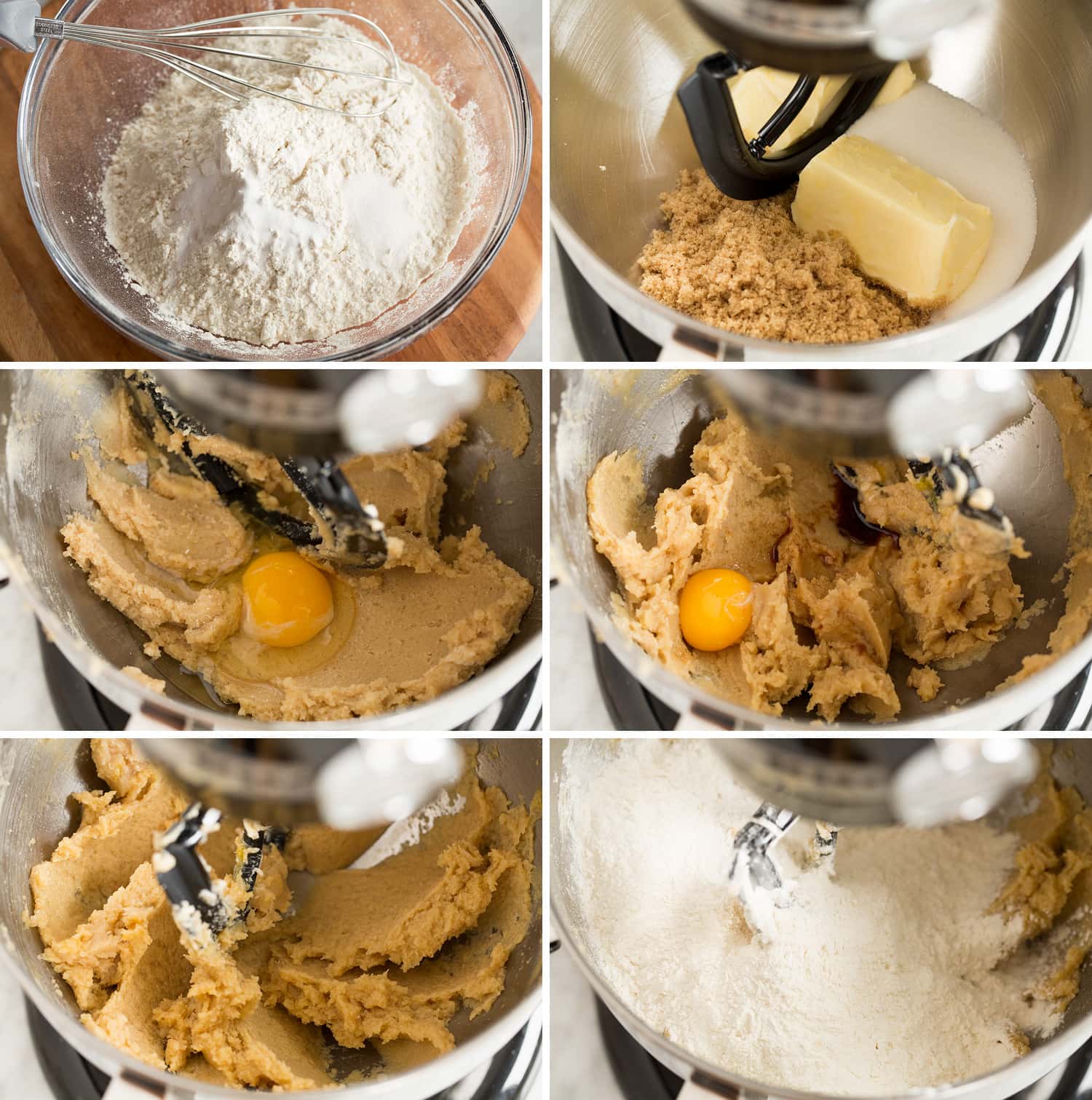 M&M Cookies Collage of six photos showing how to make M and M cookie dough.