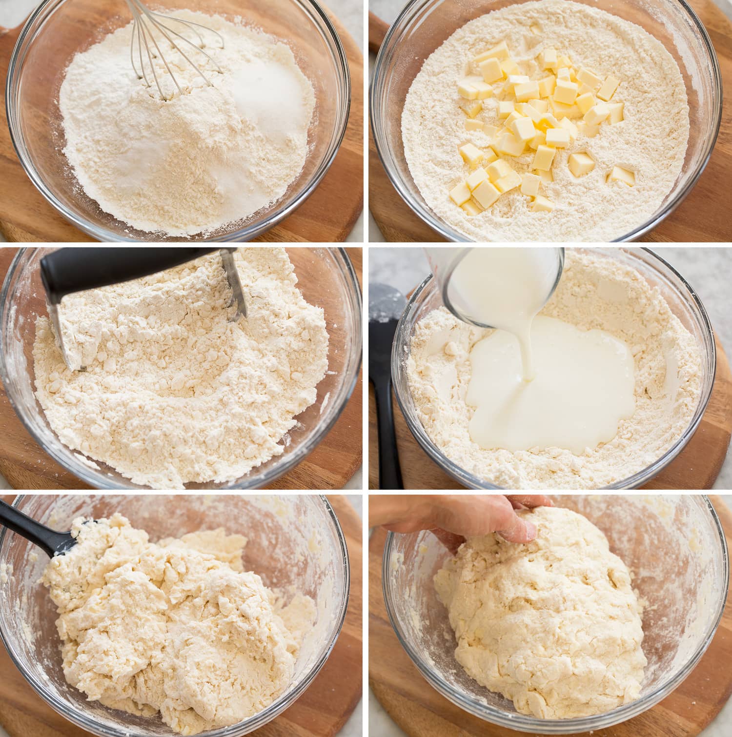 Biscuits and Gravy Making biscuit dough in a glass bowl.