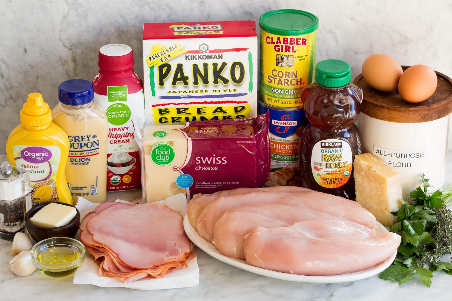 Chicken Cordon Bleu Ingredients needed to make chicken cordon bleu.