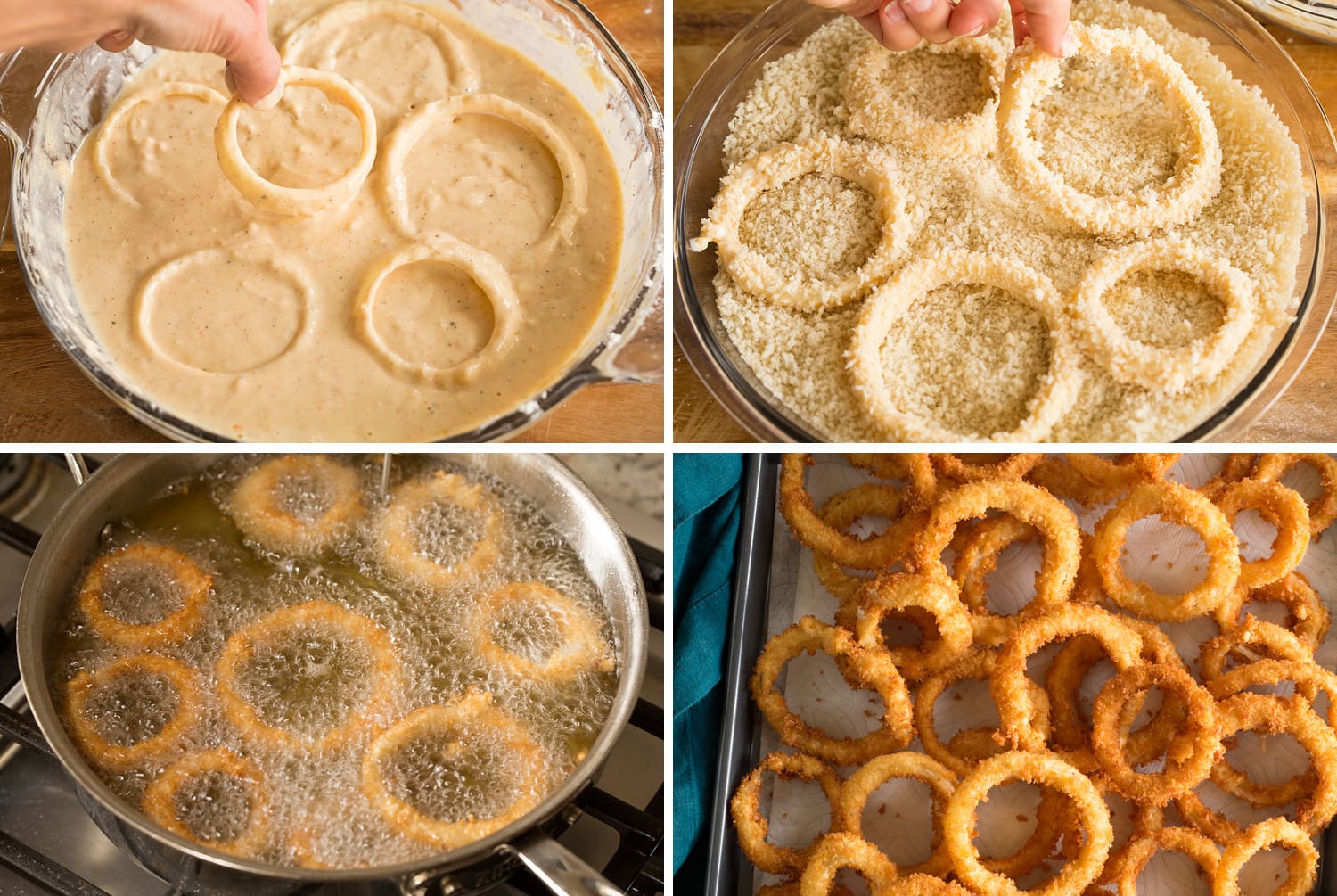 Onion Rings Collage of photos showing how to bread and deep fry onion rings in oil.