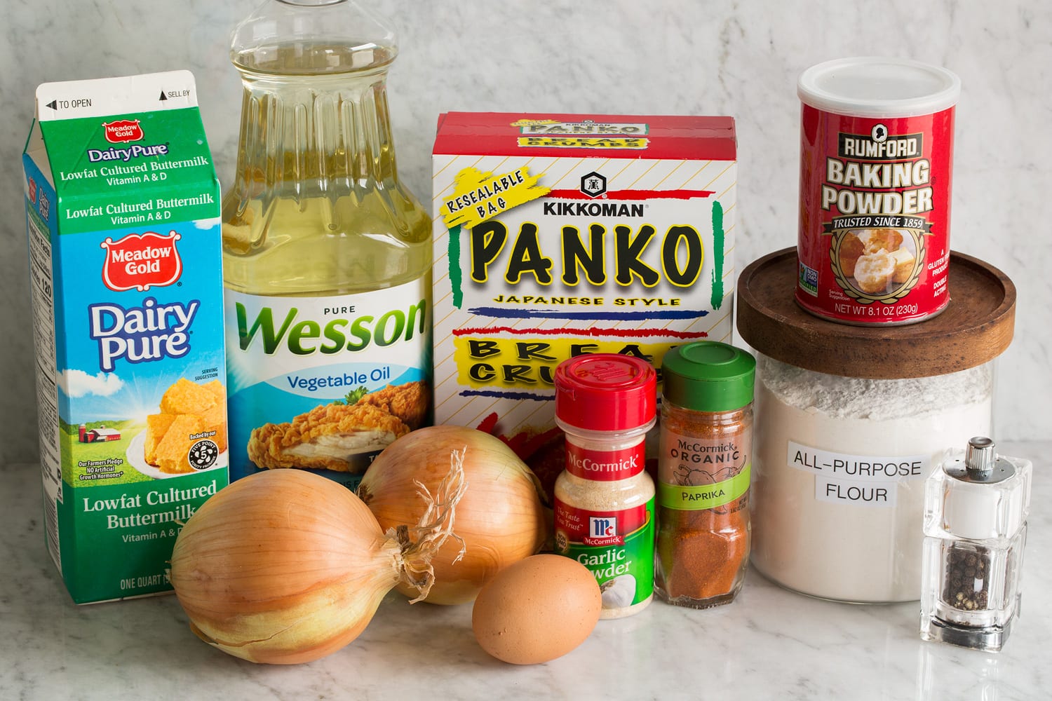 Onion Rings Ingredients needed to make fried onion rings.