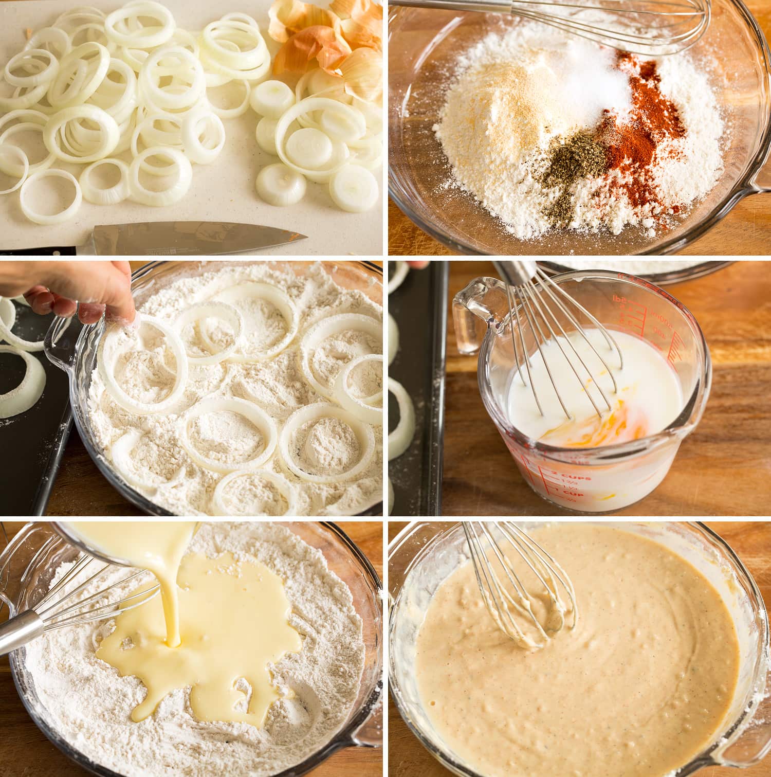 Onion Rings Collage of six photos showing how to slice onions and prepare batter for onion rings.