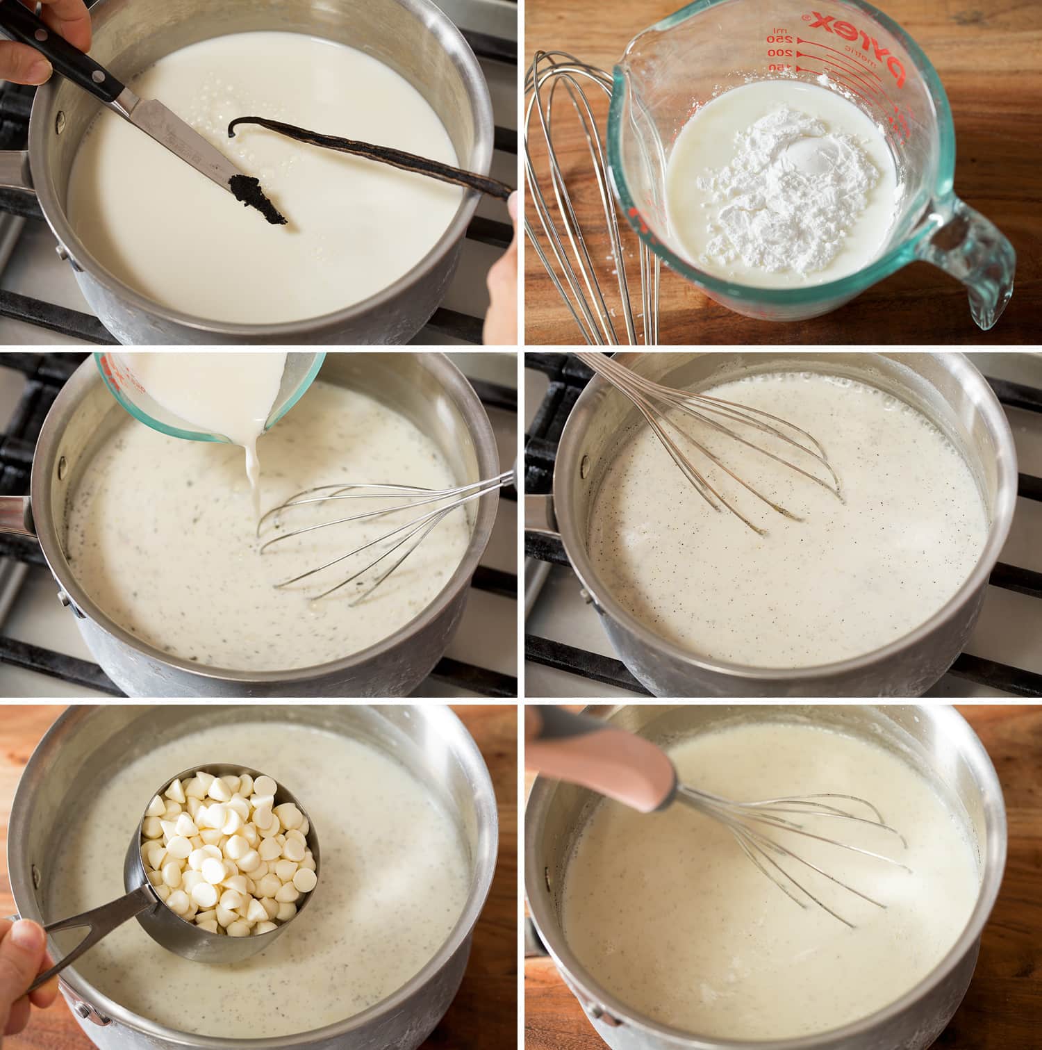 White Hot Chocolate Collage of six photos showing steps of making white hot chocolate in a saucepan.