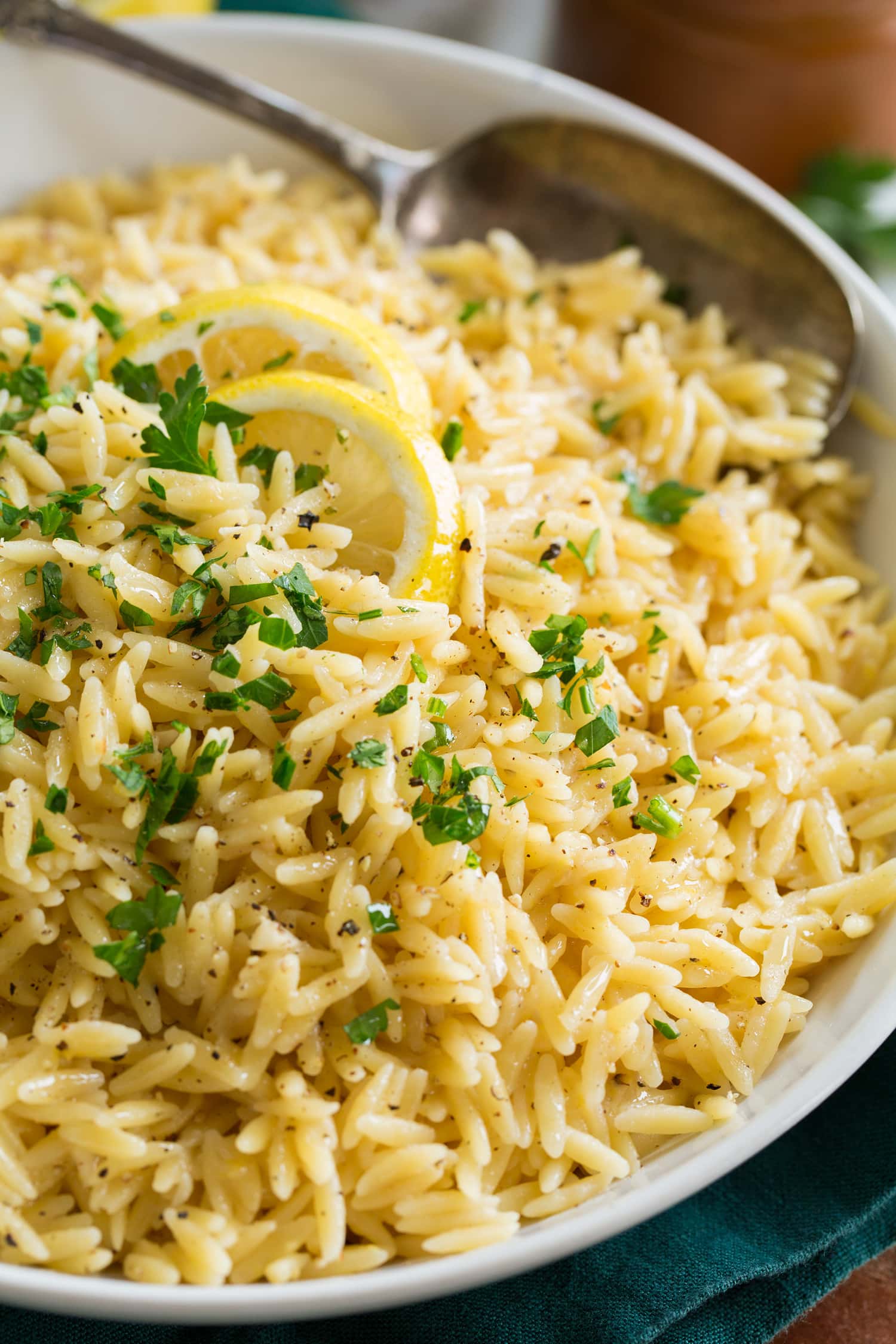 Lemon Orzo Close up photo of lemon orzo.