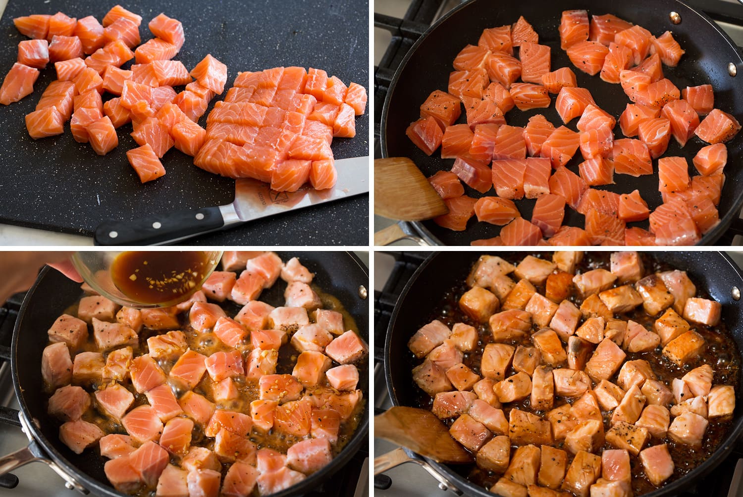 Salmon Rice Bowl Steps of searing salmon and sauce in a saucepan.