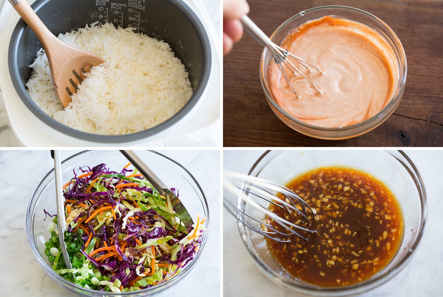 Salmon Rice Bowl Steps of making rice and sauces for rice bowl.
