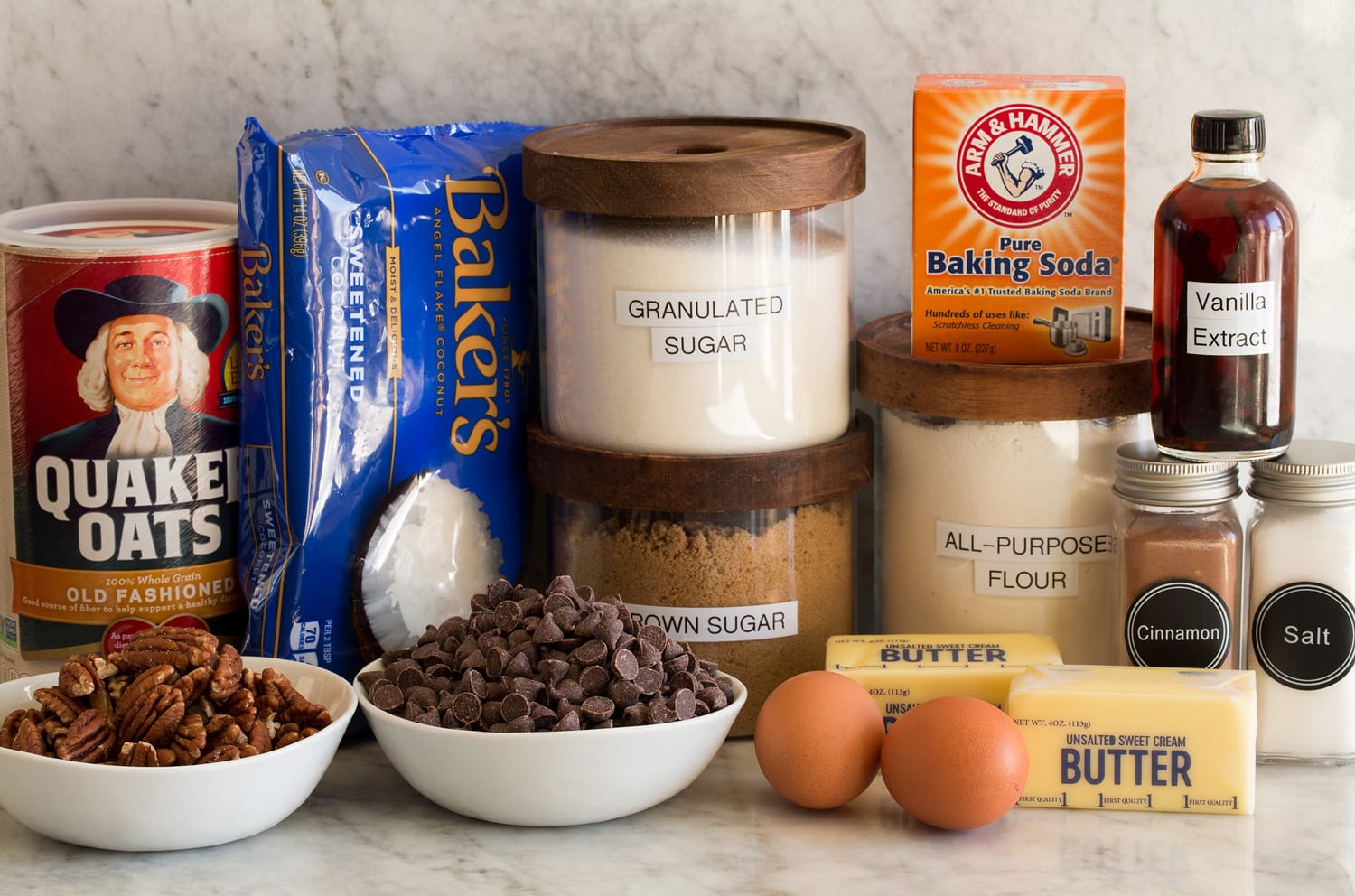 Cowboy Cookies Ingredients needed to make cowboy cookies shown.