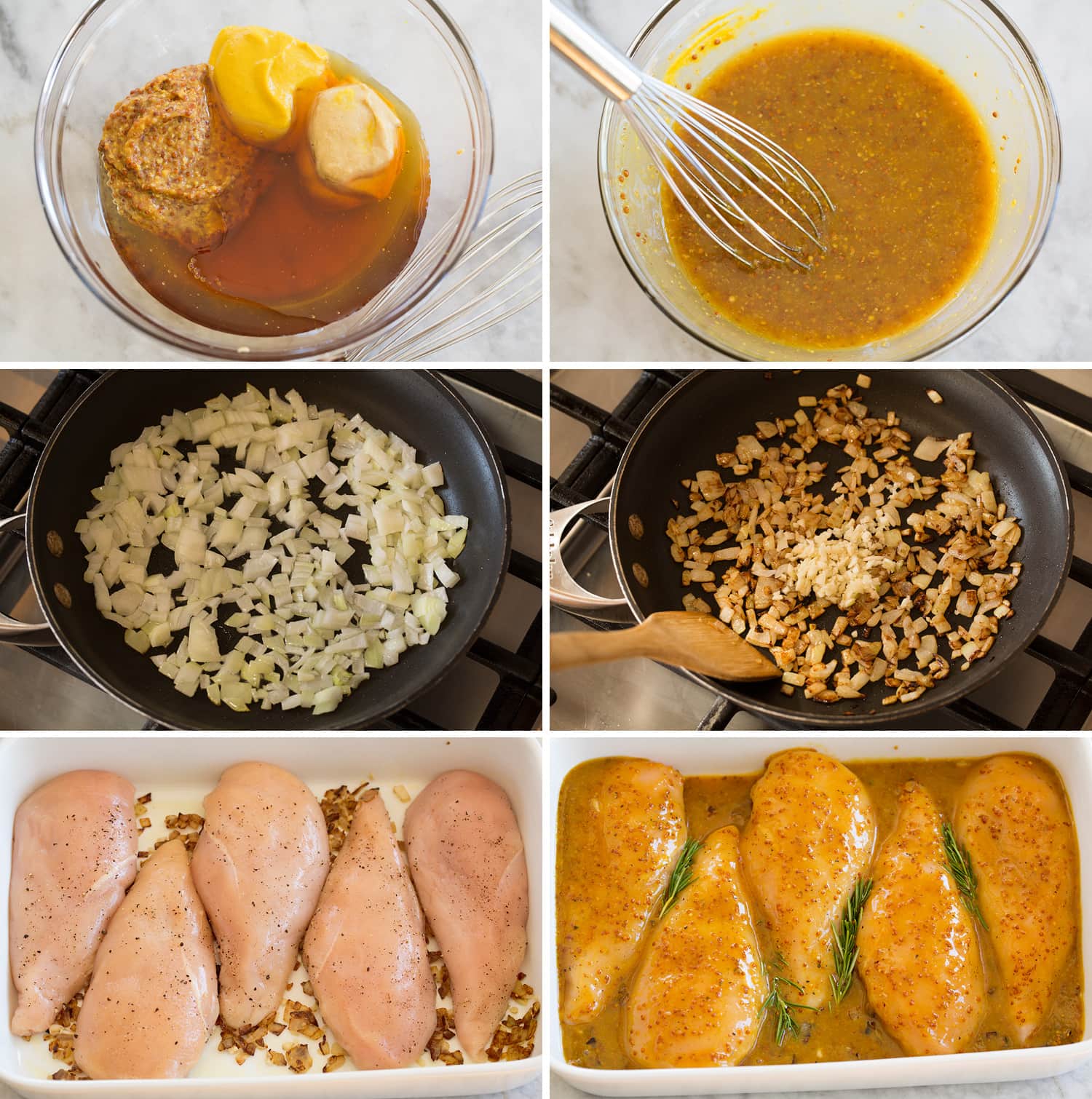 Baked Honey Mustard Chicken Six steps showing how to make baked honey mustard chicken.