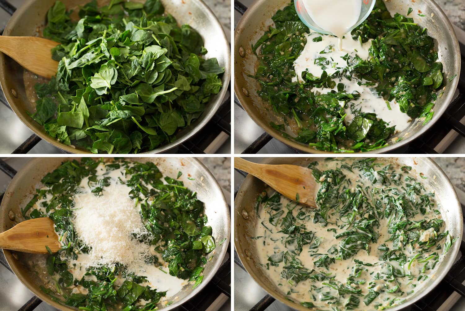 Chicken Florentine Four photos showing how to make spinach topping for chicken florentine.
