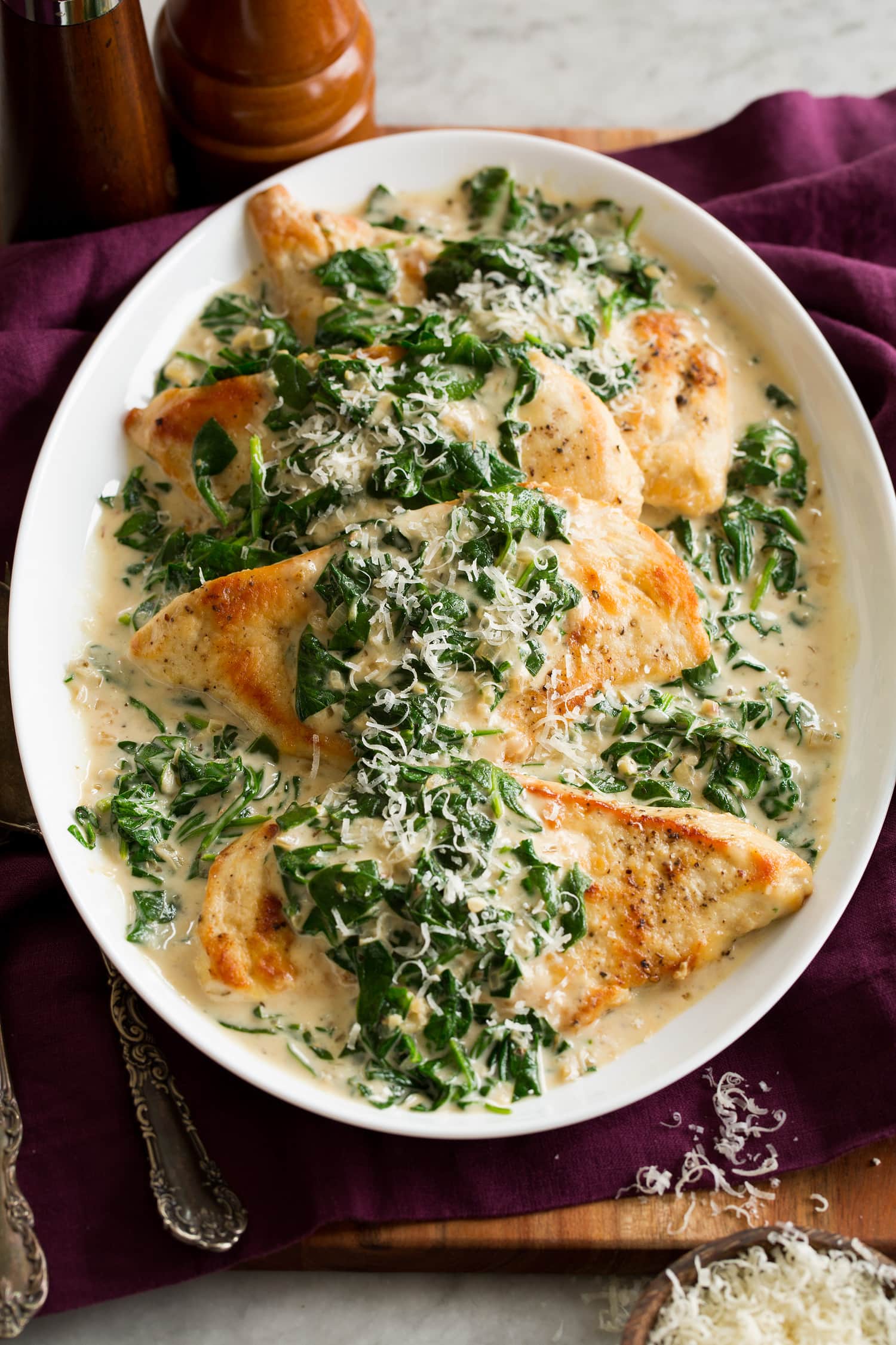 Chicken Florentine Pan seared chicken breasts with spinach sauce.
