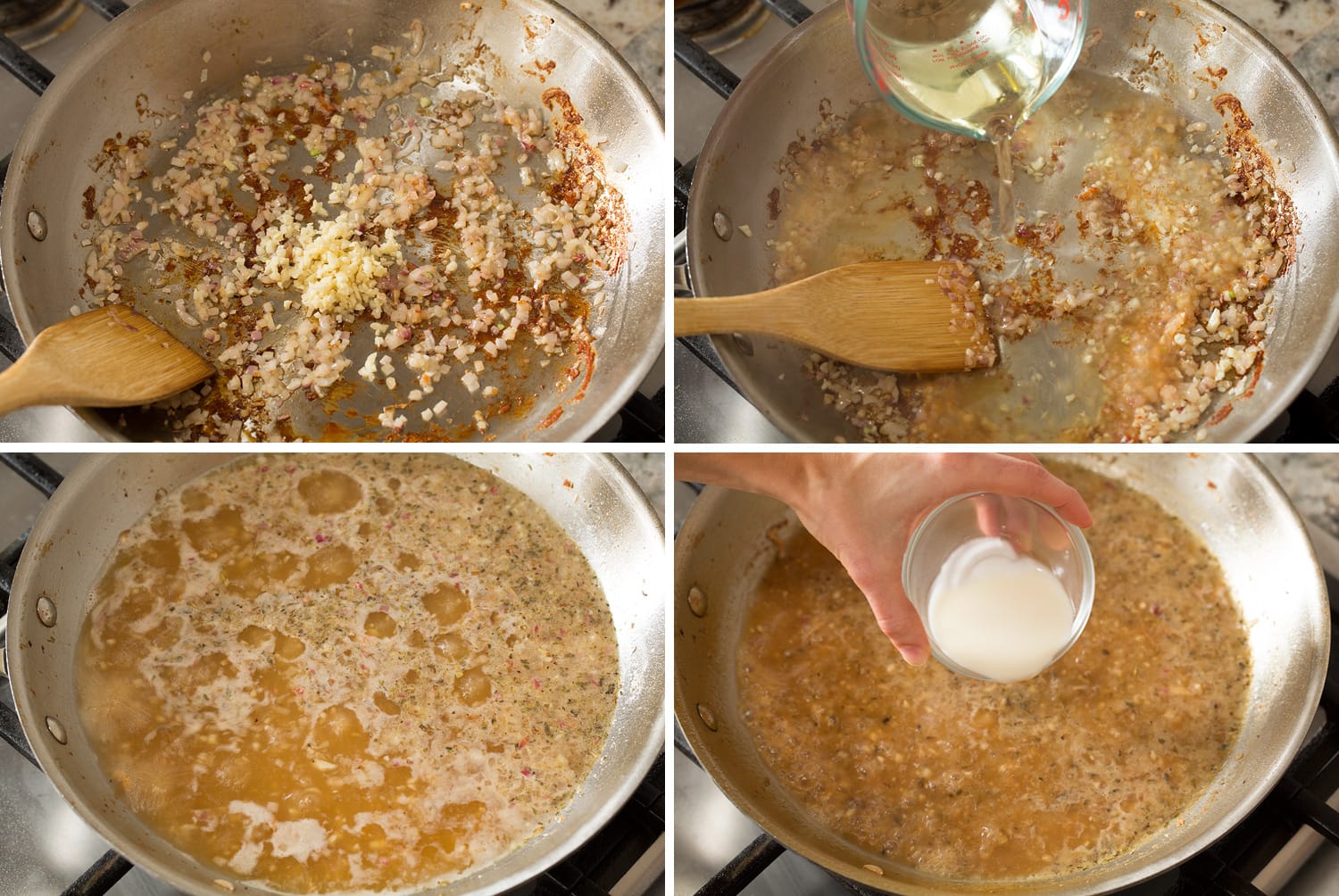 Chicken Florentine Four photos showing how to make pan sauce for chicken florentine.