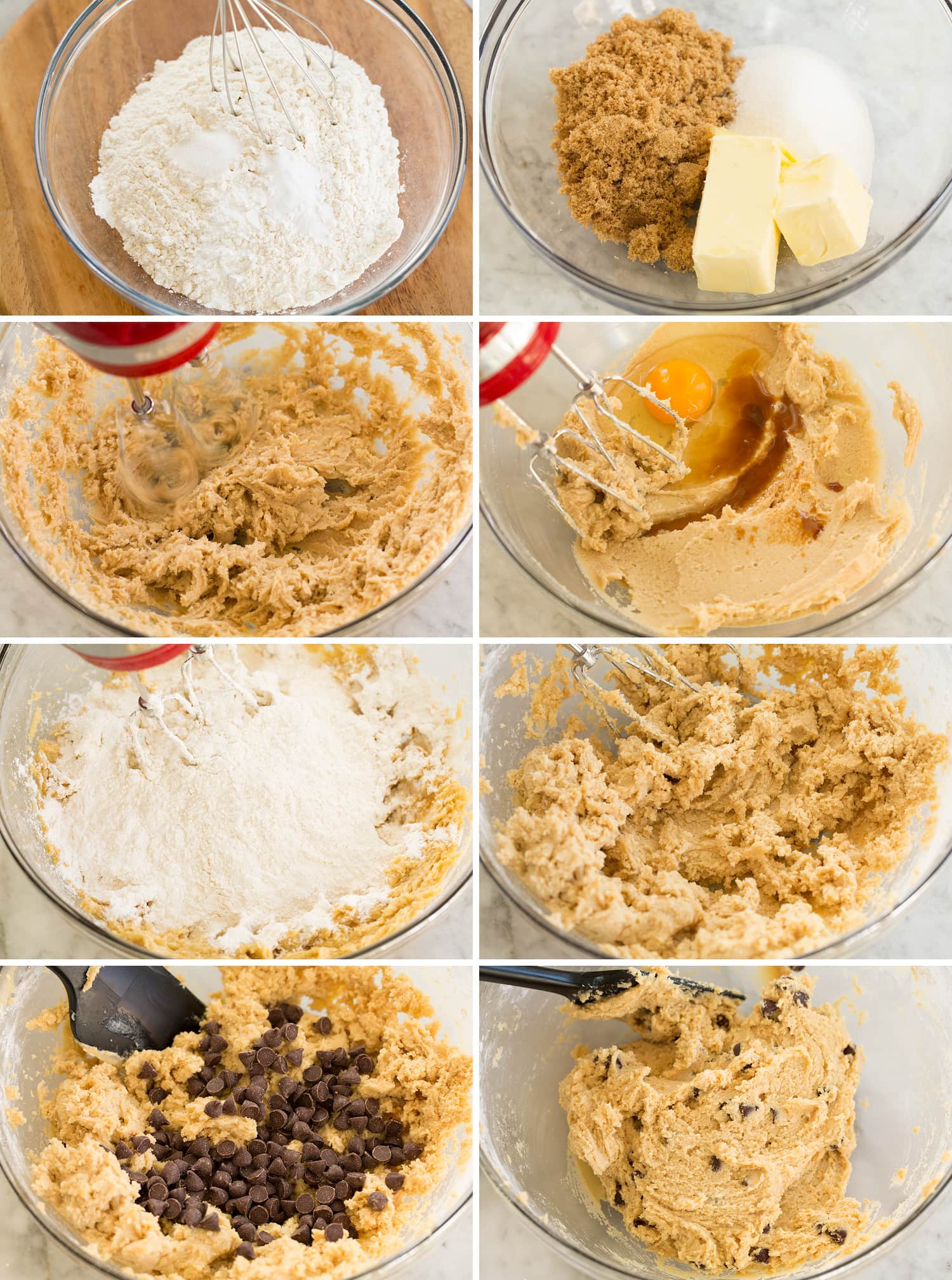 Cookie Cakes Eight steps showing how to make cookie cake dough.